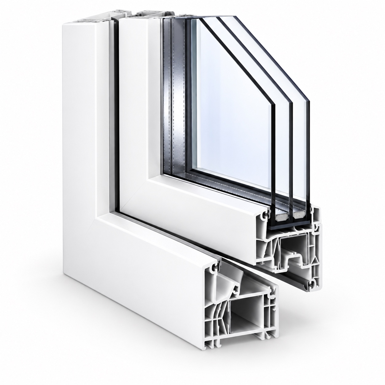 High-resolution cutaway of a white multi-chamber PVC window profile