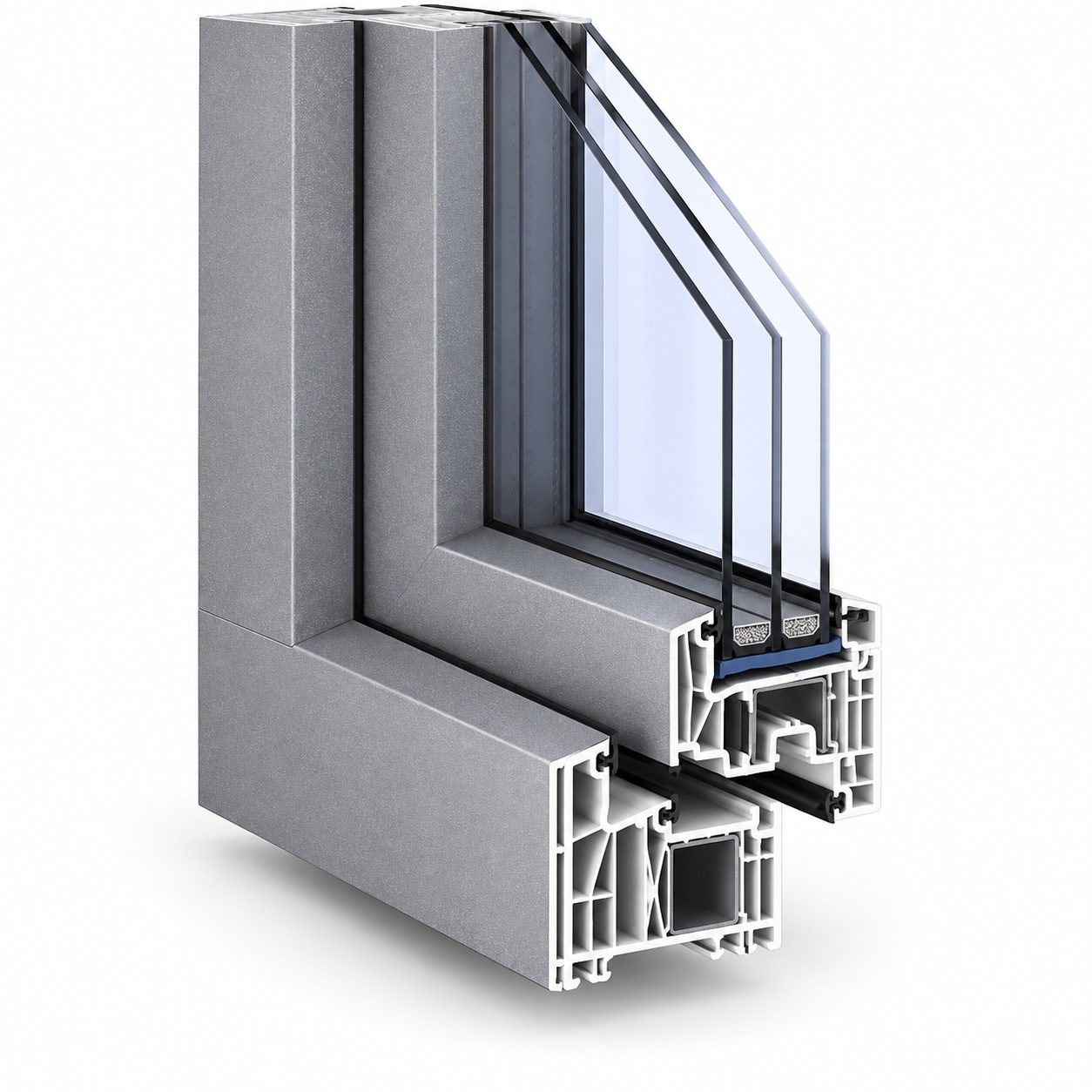 High-resolution cutaway of an aluminium-clad PVC window profile